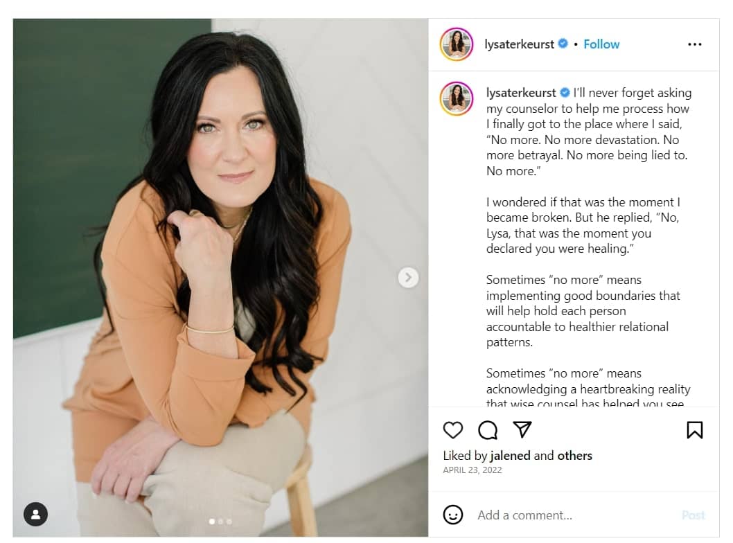 Image of Lysa TerKeurst's Instagram post about their divorce